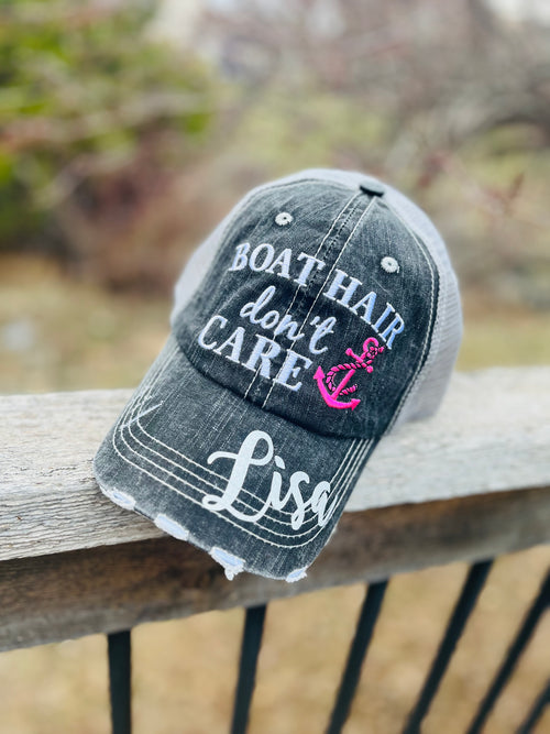 Boating Hats Boat hair dont care Teal or pink anchor Personalized e mbroidered gray distressed trucker caps mesh back adjustable velkro