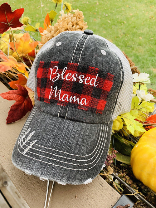 Hats { Blessed mama } Gray distressed with buffalo plaid in red and black check adjustable Velcro. Any custom sating available.