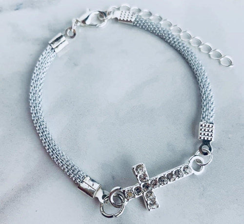 Cross bracelet • Silver • Adjustable lobster clasp • Rhinestones