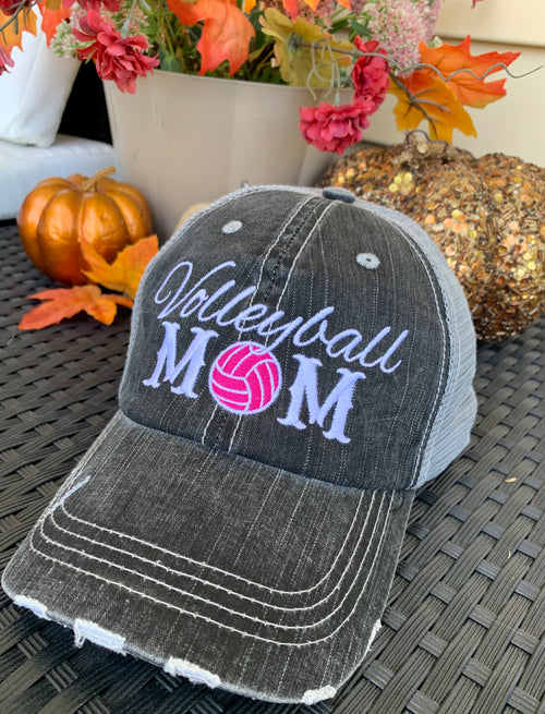 Volleyball hats and jewelry | Volleyball mom | Womens Embroidered distressed trucker caps | Personalize | Volleyball hair don’t care.