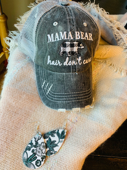 Hats { Mama bear hair dont care } Buffalo plaid, black/white bear • Trucker hat • Distressed • Mom hats •