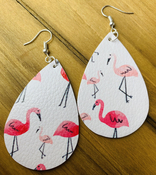 Earrings • Flamingo ~ Leather ~ Teardrops ~ Pink & white ~ Handmade