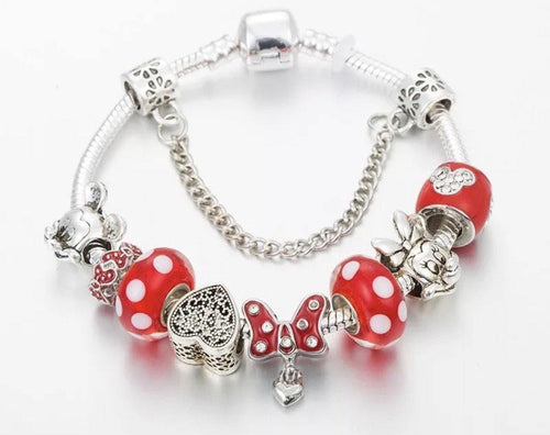 Bracelet { Minnie Mouse } Bow. Silver. Red. Dots. Hearts. Mickey Mouse. Glass beads. Safety chain. FREE ship in USA on this item!