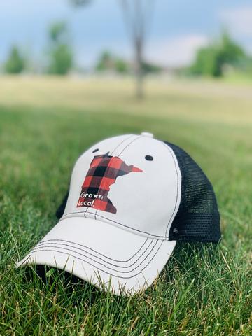 Hat. Minnesota. Grown local. White hat with red and black buffalo plaid state. Adjustable. Unisex. Trucker cap. MN. Sota.