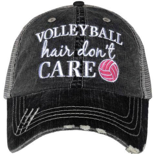 Hat { Volleyball hair don’t care } Embroidered • Distressed trucker cap • Unisex