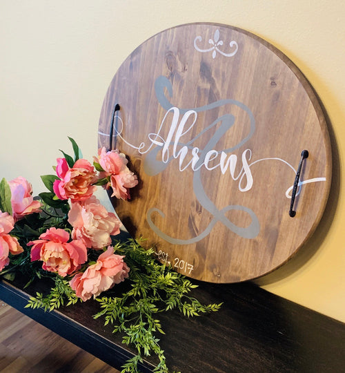 Wood signs or tray with handles { Round } Hand painted. 24 inches round. High quality pine. Custom colors. Great housewarming or wedding gift.