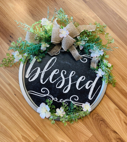 Sign • Blessed • 12 inch round • Rope hanger