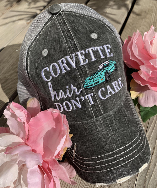 Corvette hats { Corvette hair don't care } Customize • Gray distressed trucker caps • Unisex • Car hat