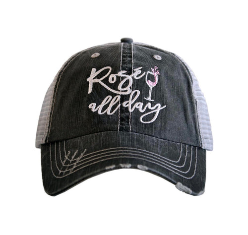 Hat { Rose all day } Gray • Embroidered letters and wine glass • Distressed trucker cap • Adjustable Vel cro with hole for pony