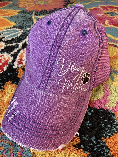 Dog hats Dog mom Assorted colors Distressed womens trucker caps Embroidered paw