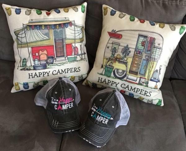 Hats or Tanks { I'm A Happy Camper } { Camping Hair Don’t Care } { Camping Life } { Glamping Hair Don’t Care } Embroidered Distressed Gray unisex