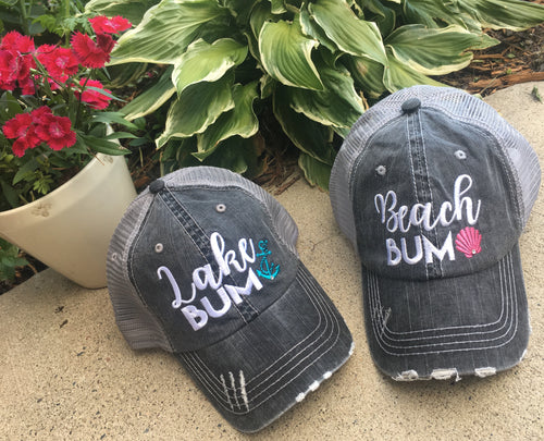 Lake and beach hats Lake bum Beach bum Embroidered unisex trucker caps Seashells Anchors
