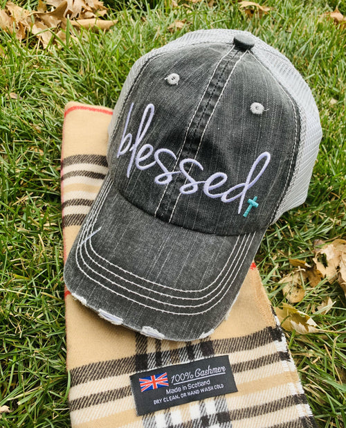 Blessed Hats •• Pink or teal cross • Embroidered, distressed, woman’s trucker cap