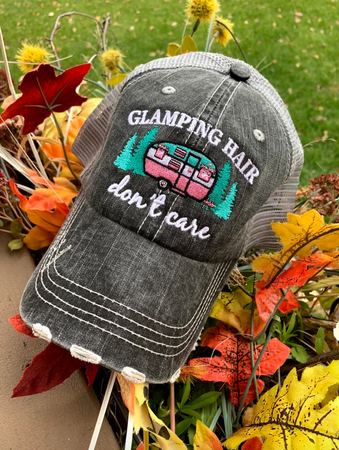 Hats or Tanks { I'm A Happy Camper } { Camping Hair Don’t Care } { Camping Life } { Glamping Hair Don’t Care } Embroidered Distressed Gray unisex