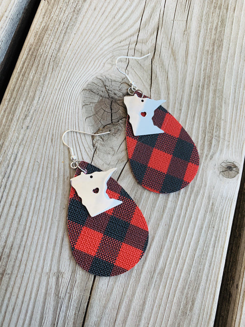 State earrings | Buffalo plaid-Sterling silver charm | Any state | Handmade in Minnesota | Leather teardrops with fish hooks