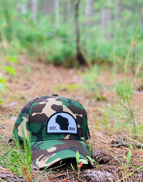 Hats { Wisconsin } Green camouflage.