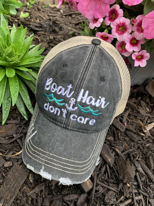 Boat hats Boat hair dont care Black embroidered trucker cap Adjustable mesh back