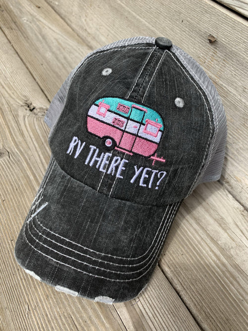 Camping hats { RV there yet? } Gray with pink & teal or gray with blue and pink. Embroidered distressed trucker cap with adjustable Velkro & hole for pony. Unisex. Vintage camper. Camping.