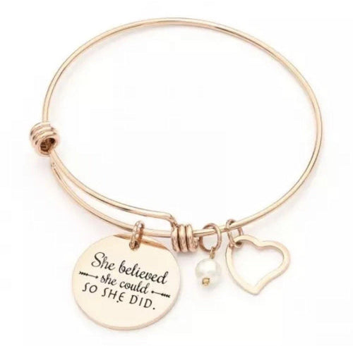 Bracelets { She believed she could so she did } Silver or gold. Heart charm. Pearl. Bangle.