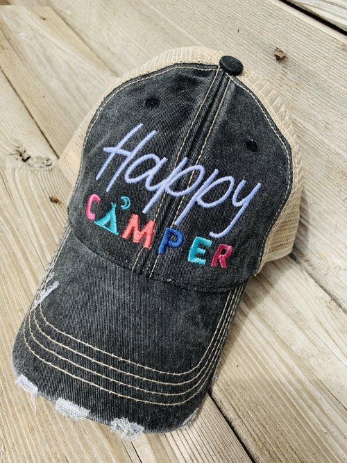 Camp hats Happy Camper 4 colors Embroidered distressed trucker caps Unisex