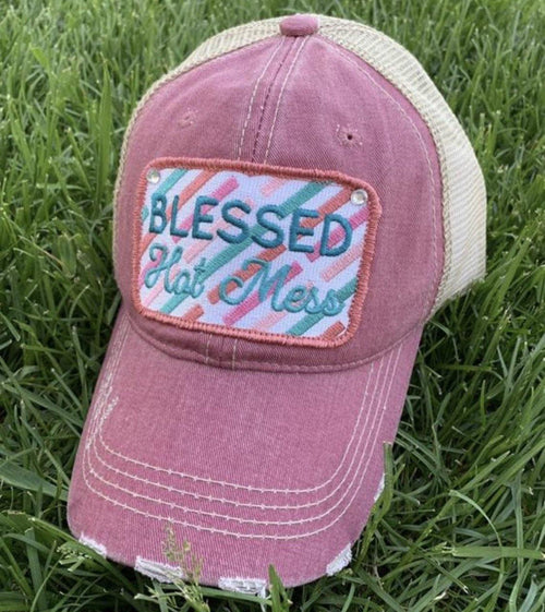 Blessed hats Blessed hot mess Simply blessed Crosses Embroidered distressed adjustable trucker caps