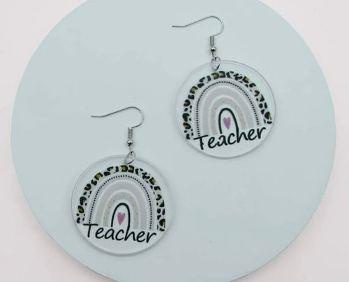 Teacher earrings Rainbow School Teach Leopard Heart School