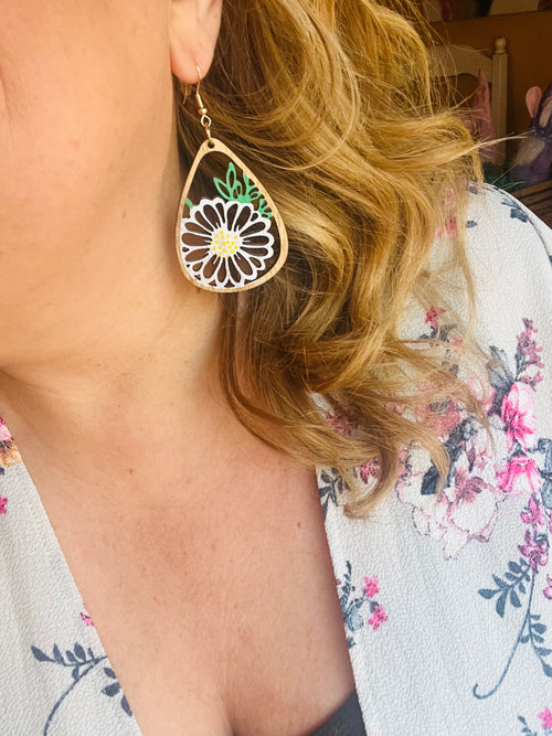 Wood floral earrings Daisy teardrops