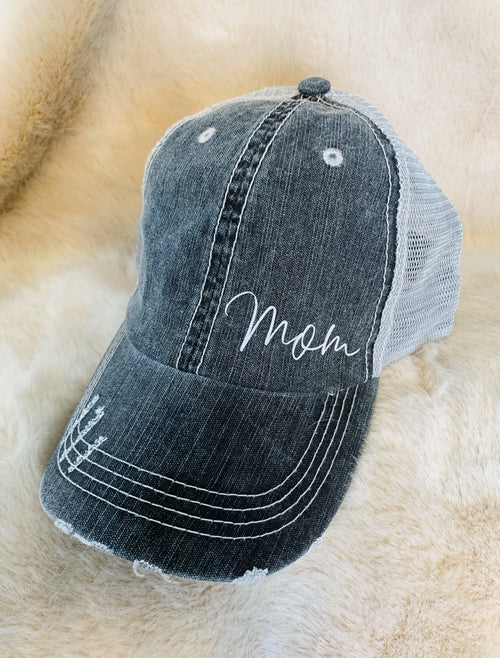 Hats { Mom } Gray distressed trucker cap. 💗 Custom words welcome! Mama, dog mom, baseball mom, lake girl, girl boss. Anything!