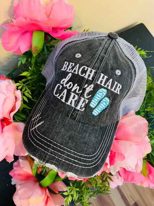 Hats Beach hair dont care Embroidered teal or pink flip flops distressed trucker cap Womens Sandals