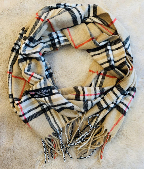 Scarf Camel vintage check Designer inspired Plaid Brown Red White Black Unisex