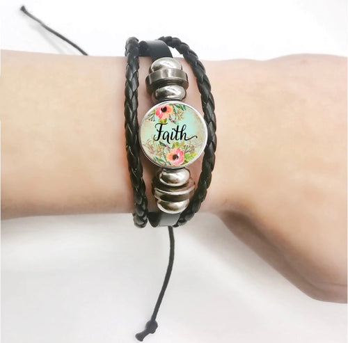 FAITH jewelry | Bracelet | Womens | Inspirational | Black Leather • Adjustable 7 - 10 inches • Snap charm ~ Wholesale orders.