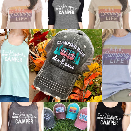 Hats or tanks { I'M A HAPPY CAMPER } { Camping hair don’t care } { Camping life } { Glamping hair don’t care } Embroidered distressed gray unisex trucker caps. Adjustable Velcro and hole for pony. RV there yet?