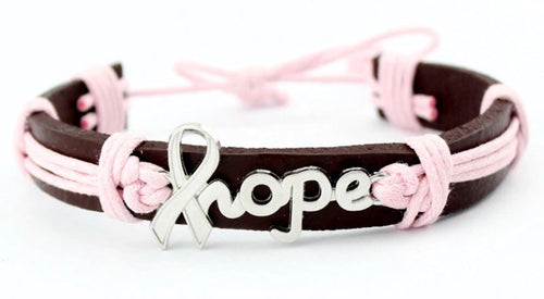 Hope bracelet | Silver hope breast cancer ribbon charm | Pink and brown leather |