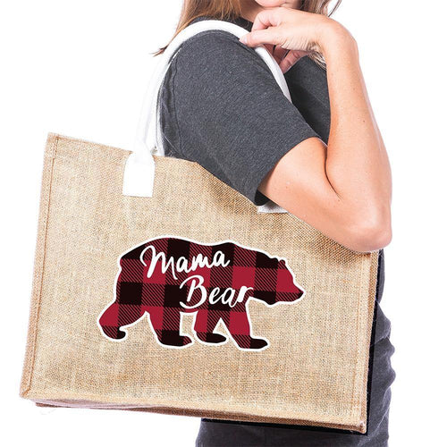 Mama bear | Jute tote bag | Pocket inside | Red and black buffalo plaid bear