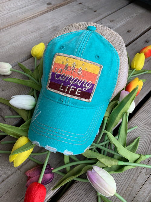 Camp hats! Hats { Camping life } 4 colors. Embroidered distressed trucker caps.