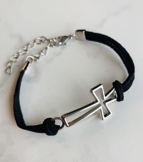 Cross bracelet • Silver • Black cording Adjustable extender Lobster clasp