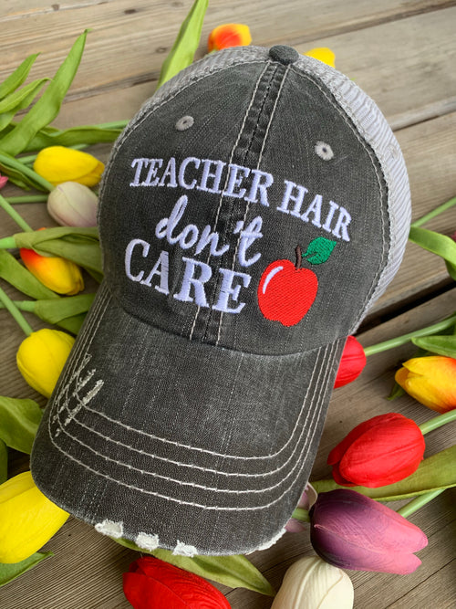 Teacher hats Teacher hair dont care Embroidered unisex gray distressed trucker cap  Apple Teach Inspire Accessories
