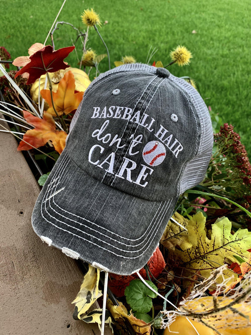 Baseball hat Baseball hair don’t care Embroidered gray distressed trucker cap