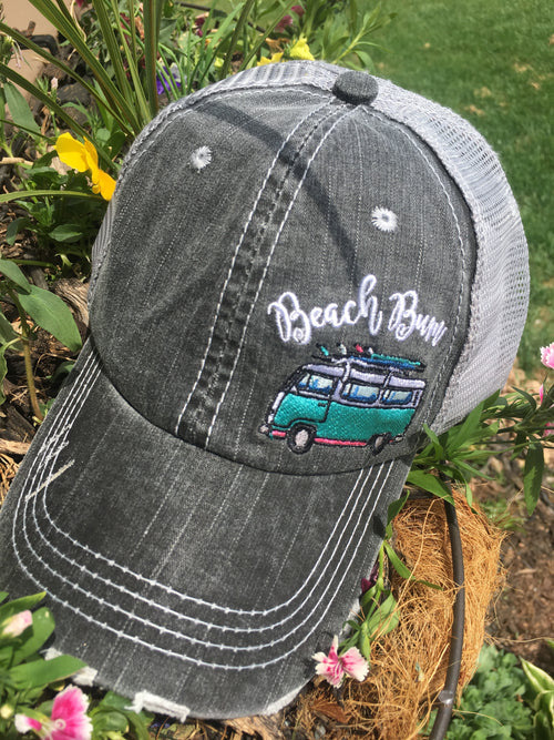 Hat { Beach Bum } 3 styles / colors. Seashells. Embroidered distressed trucker caps with adjustable velcro and hole for pony.