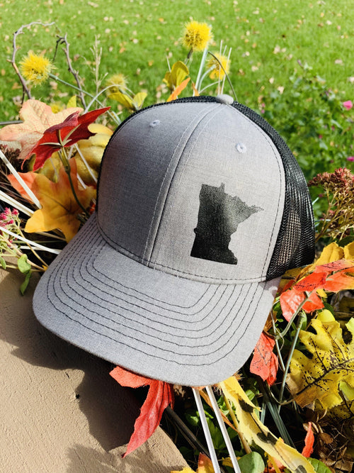 Hats { Minnesota } Gray trucker cap black mesh back adjustable snapback. Choose any state. Unisex.