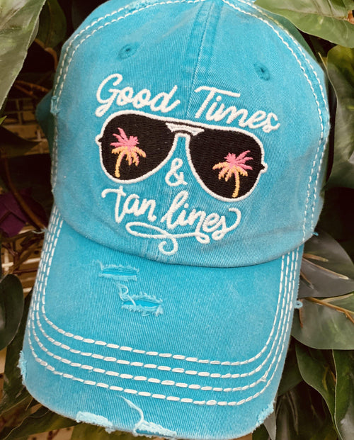 Good times and tan lines • Summer women’s trucker hat • Embroidered teal cap with sunglasses & palm trees