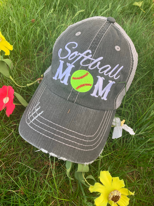 Softball hats Softball mom Softball hair dont care Embroidered gray distressed adjustable trucker caps Personalizable Softball forever