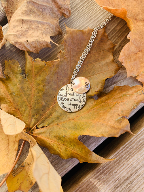 Necklace { Be Kind, Wise, Compassionate, Free, True, Brave, Strong, Happy, Thankful } Silver and bronze.