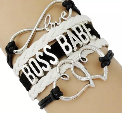 Bracelet { Boss babe } Hearts. Love. Infinity. Black and white with silver. Adjustable with extender. Wholesale available.