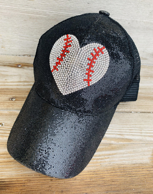 Baseball hats | Black sequin hat with heart shaped blingy baseball