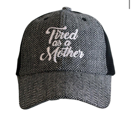 Mom hats! { Tired as a mother } Herringbone ~ Black & white • Embroidered • Womens trucker cap • Clothing