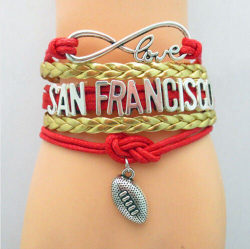 San Francisco 49ers bracelet | Football, love, infinity | Superbowl 2020 | Leather band with 3 inch adjustable extender | Unisex | Sports team jewelry