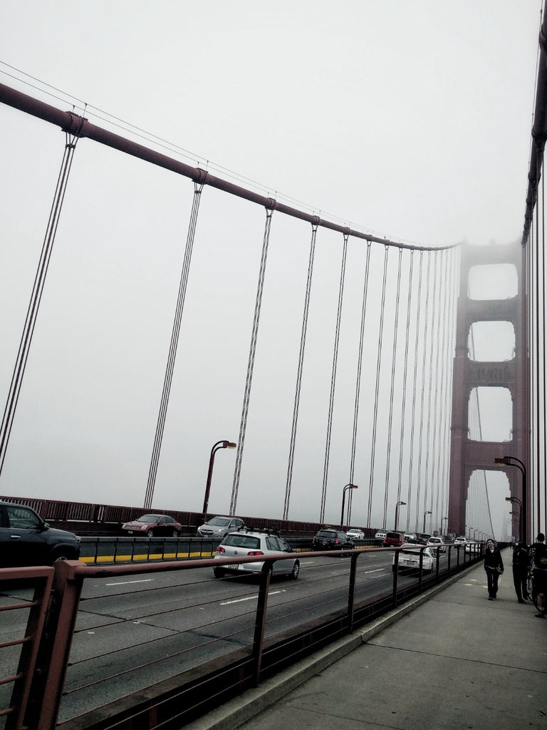 Walking on the Golden Gate Bridge on a foggy day
