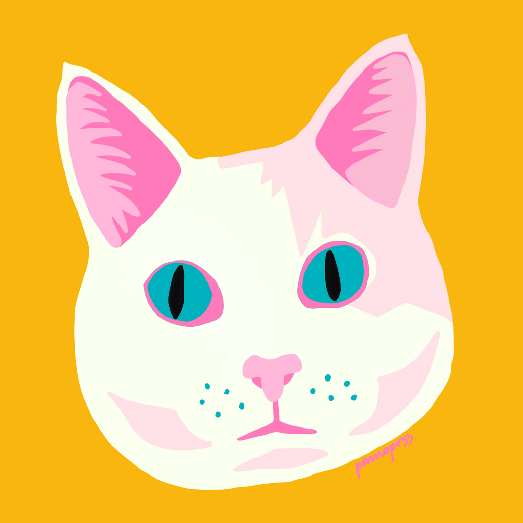 A cartoon of Sweet Pea, a white cat on a yellow background.