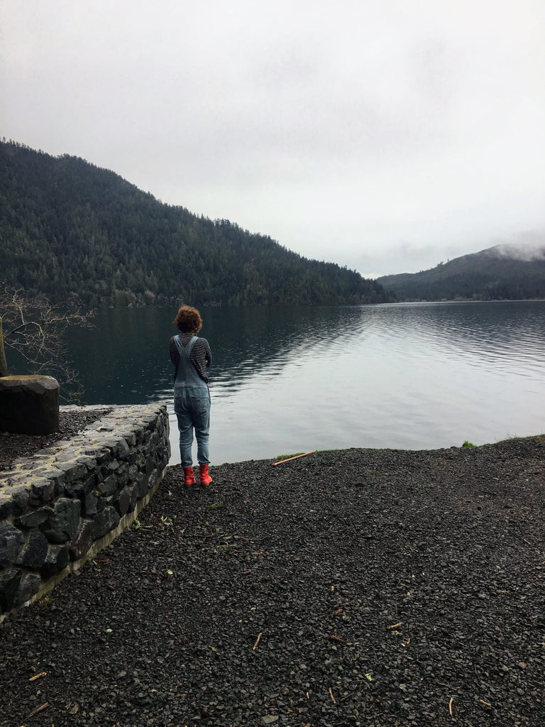 The artist looks over a lake on a cloudy day